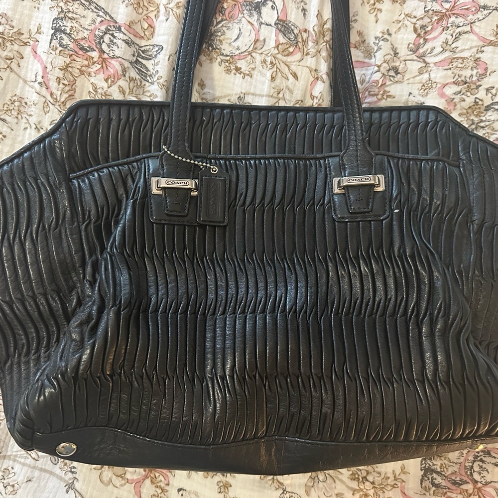Coach Black Leather Tote with Silver Accents